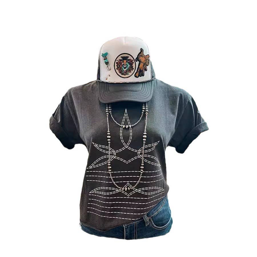 Country style western cowgirl Retro Boot Stitch Graphic tee: Grey
