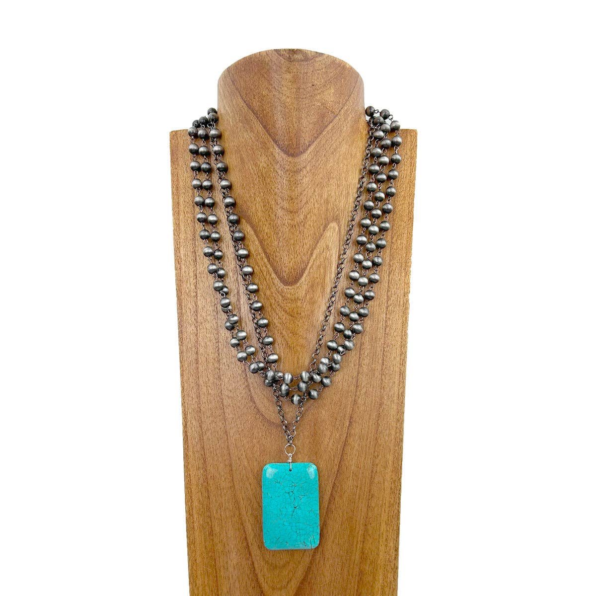 NKZ240217-01 21 Inches silver metal and Navajo pearl beads chain with large blue rectangle turquoise pendent necklace: BLUE