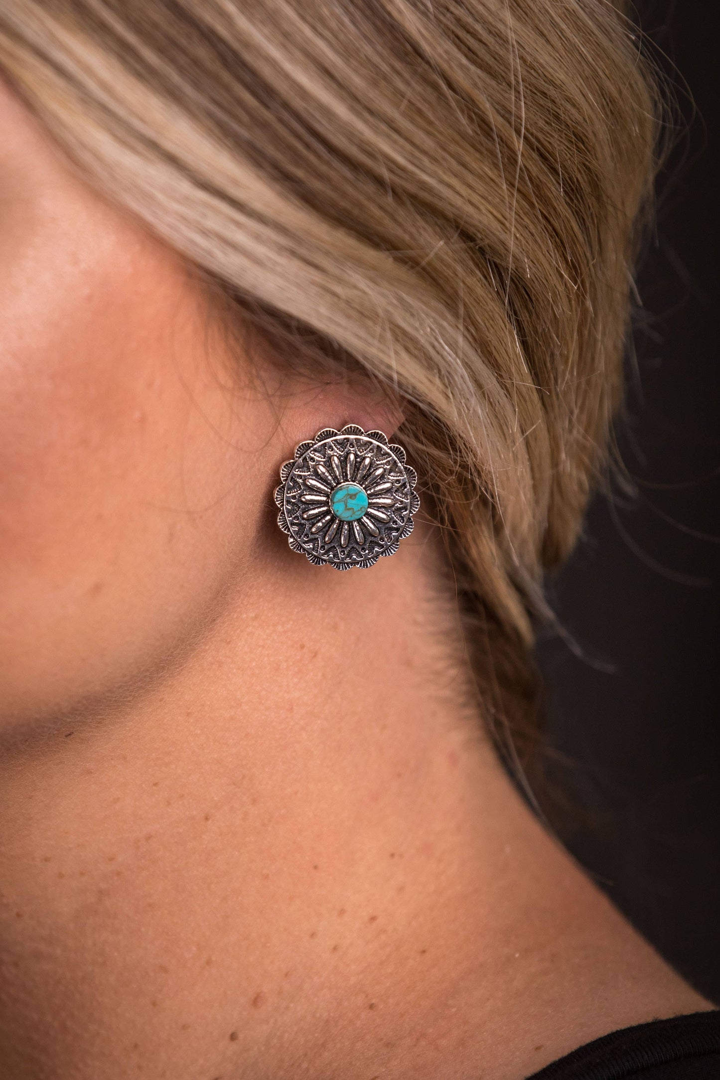 Burnished Silver Flower Concho Post Earring w/ Turquoise