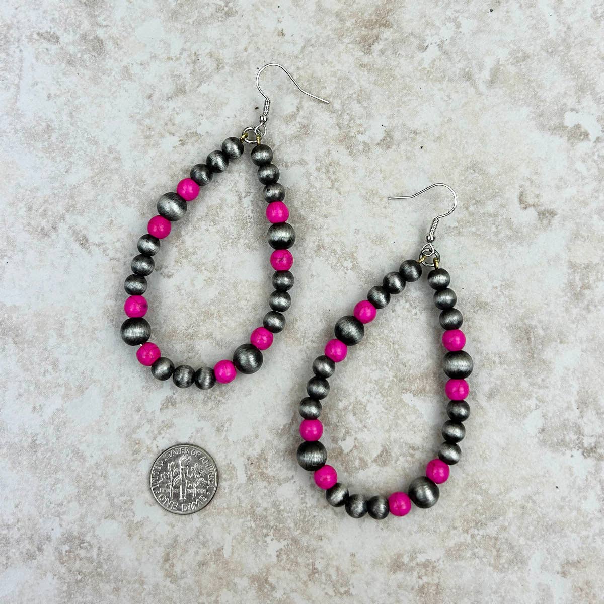 ERS230617-01-PINK Silver Navajo pearl with hot pink stone teardrop Earrings