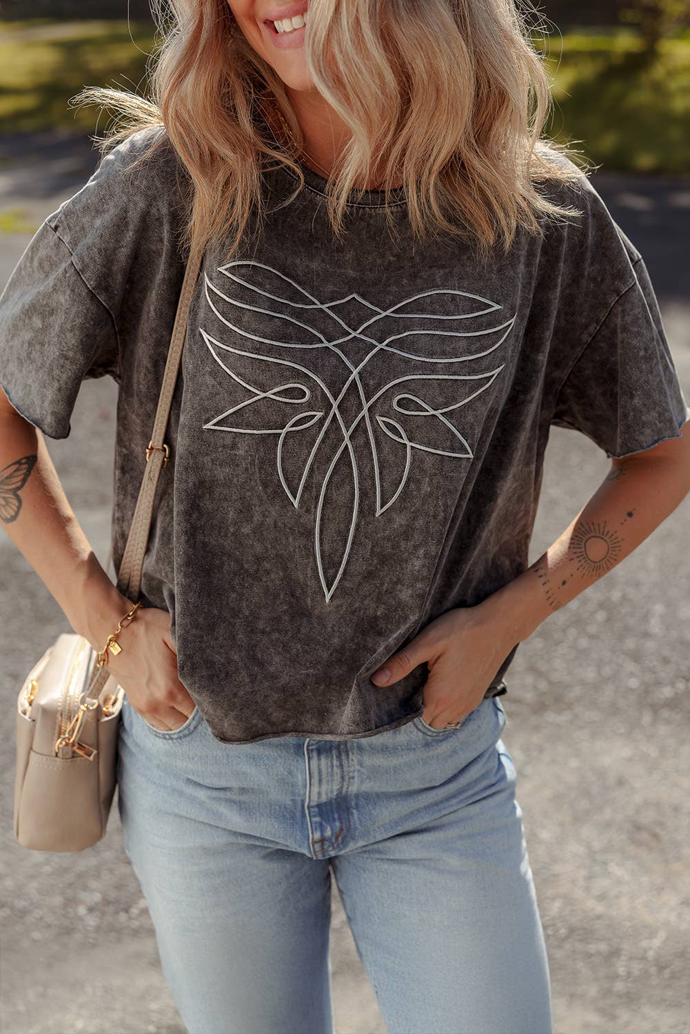 LDC Floral Embroidered Mineral Wash Crew Neck T Shirt: Black