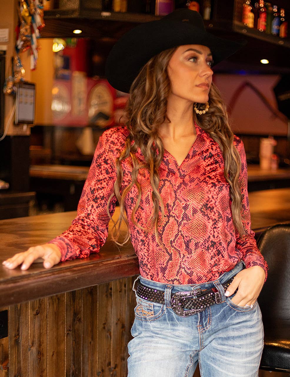 Pullover Button Up Watermelon Snake Print Stretch Jersey: Pink / Small