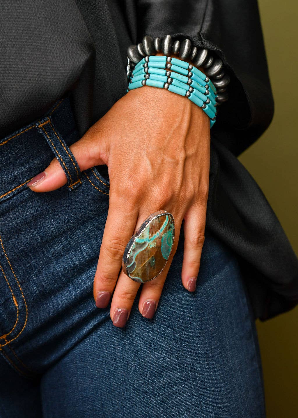 5 Strand Turquoise Tube Bead & Faux Navajo Stretch Bracelet