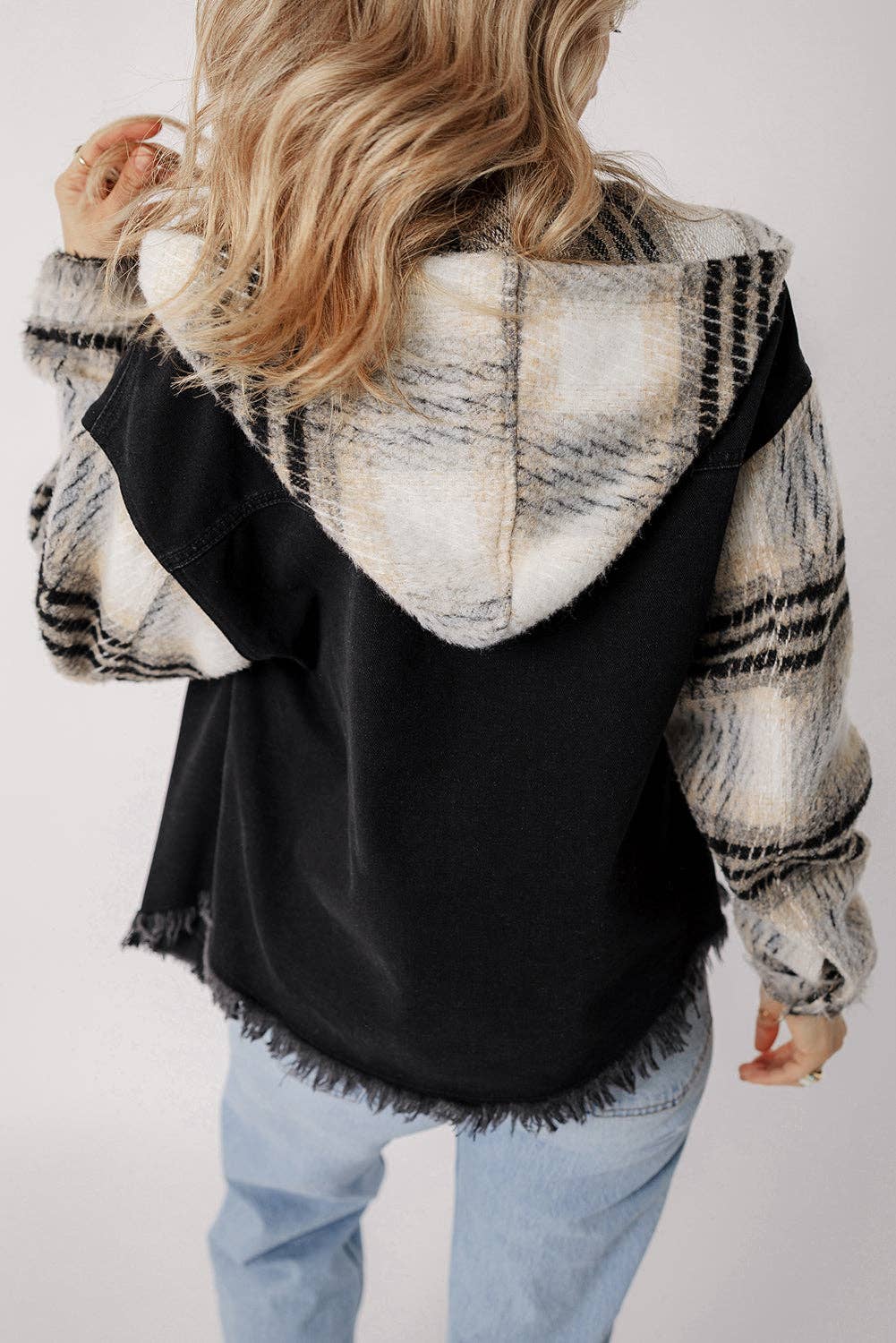 Denim Plaid Colorblock Hooded Jacket: Black
