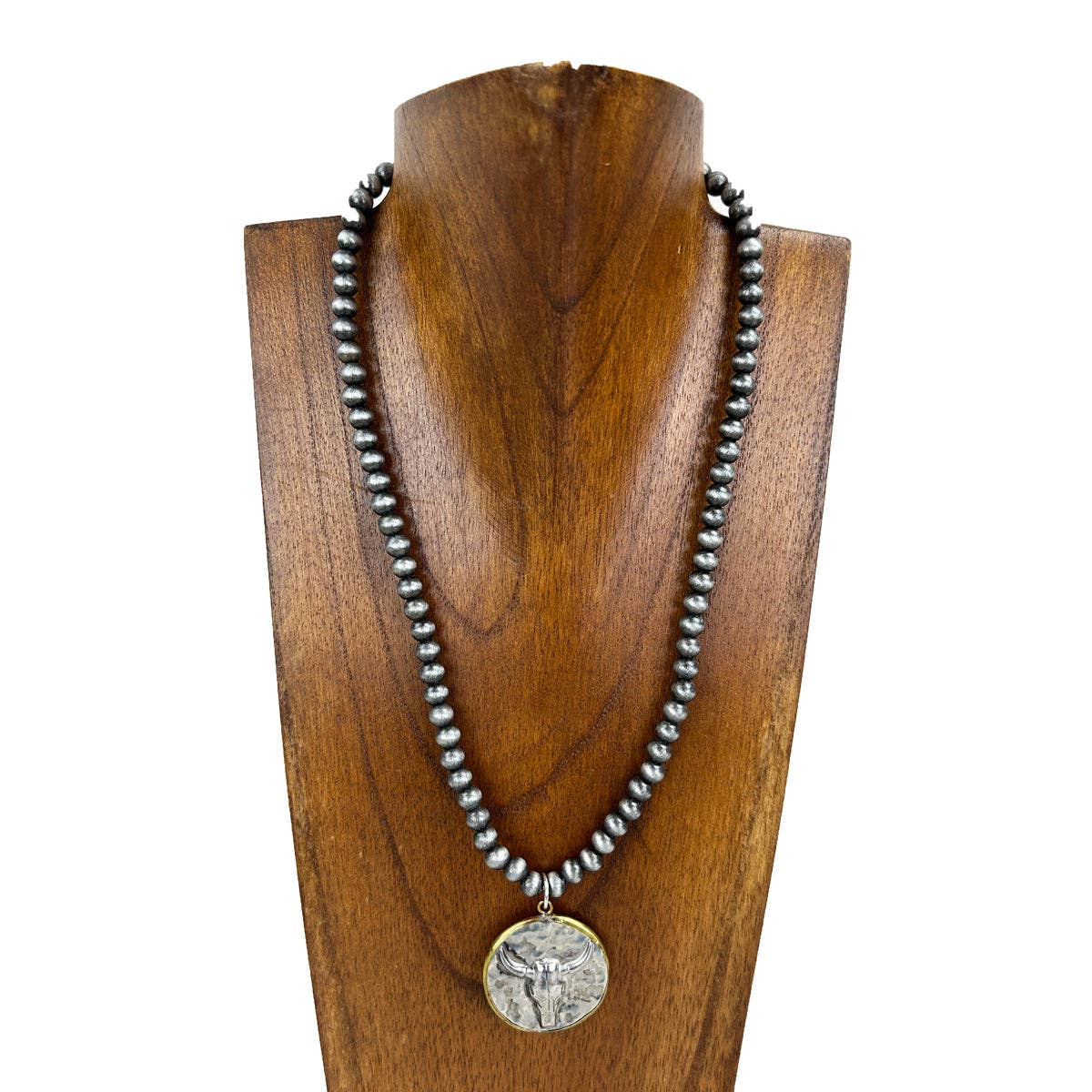 NKS230416-61 "17 inches 6mm silver Navajo pearl necklace with silver long horn coin pendent"
