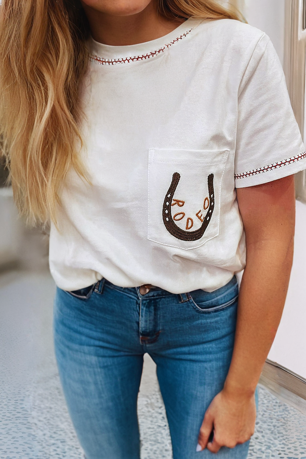 LDC RODEO Horseshoe Embroidered Patch Pocket T Shirt: White