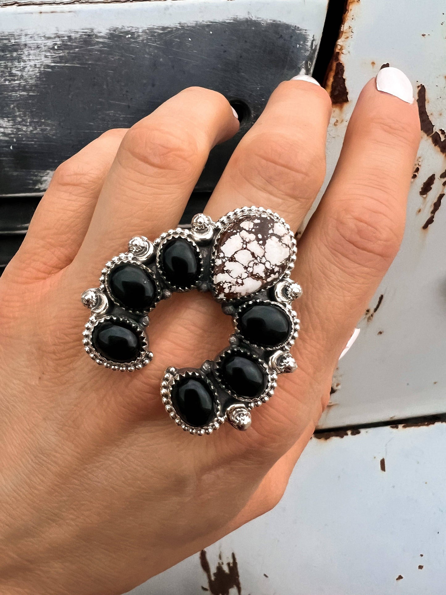 Squash Blossom Horseshoe Sterling Silver Ring | Multiple Stone Options!: Adjustable / Turquoise