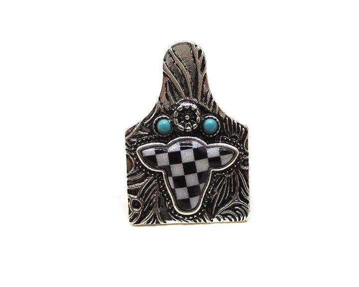 Western Cattle Tag Cow Head Checker Cuff Ring