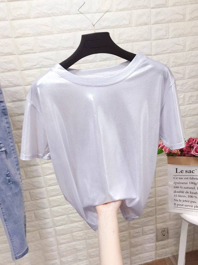 Basic essentials Metallic glossy short sleeve crewneck tee: Silver