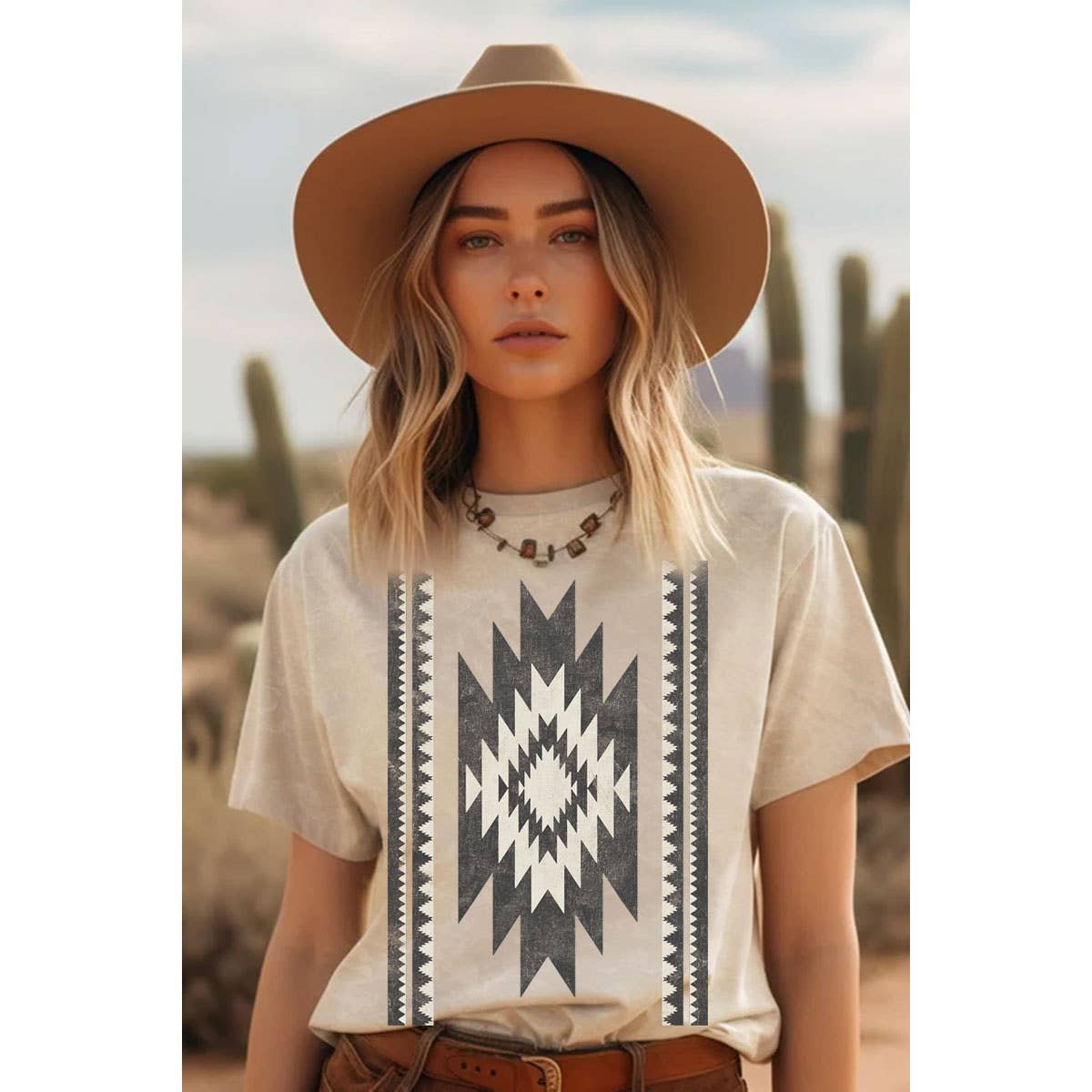 NAVAJO INSPIRED GEOMATRIC MINERAL GRAPHIC TOP: Mineral Oatmeal