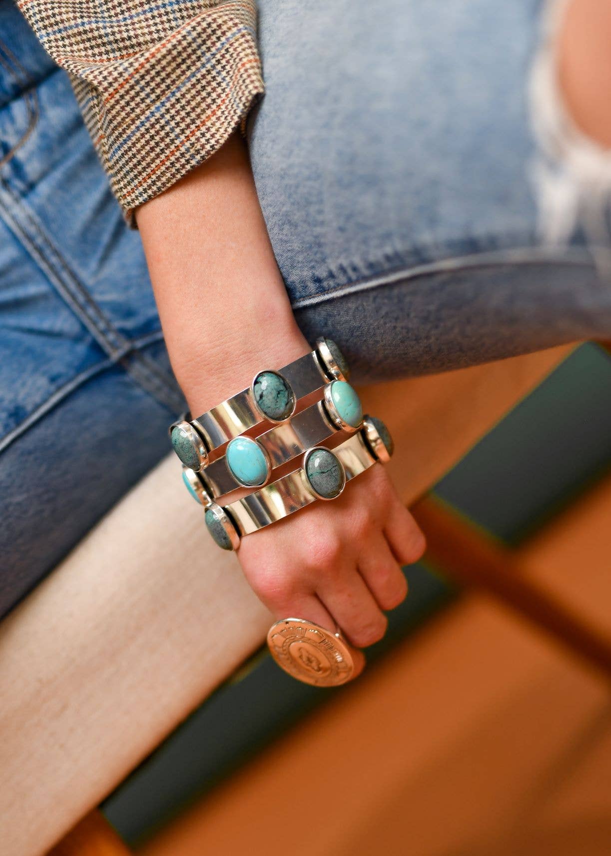 SALE!! Burnished silver Bangle with 5 DARK Turquoise Oval