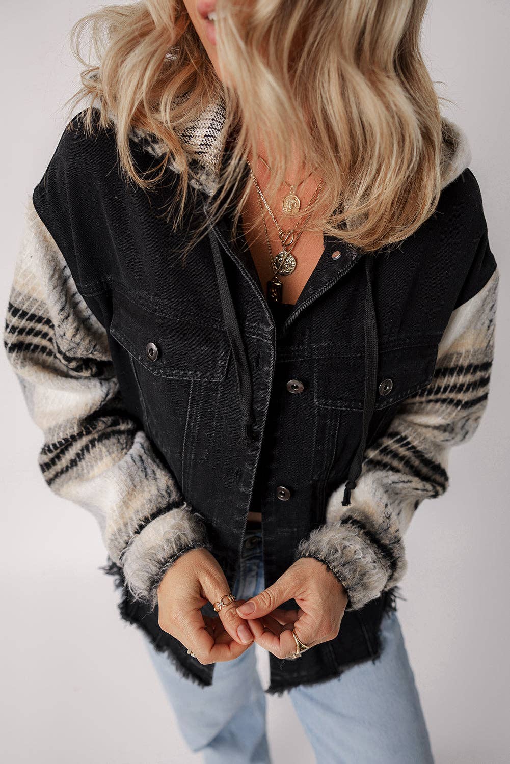 Denim Plaid Colorblock Hooded Jacket: Black