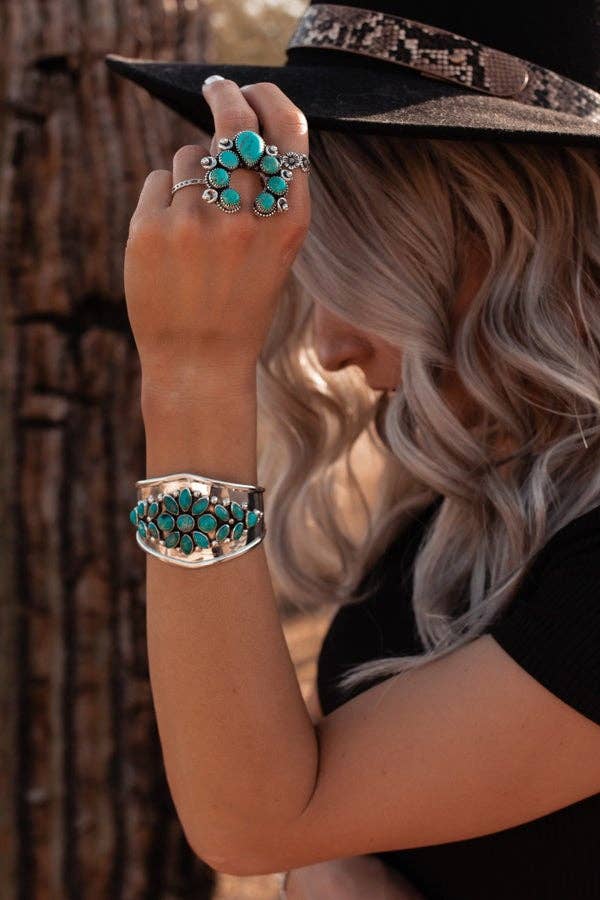 Squash Blossom Horseshoe Sterling Silver Ring | Multiple Stone Options!: Adjustable / Turquoise