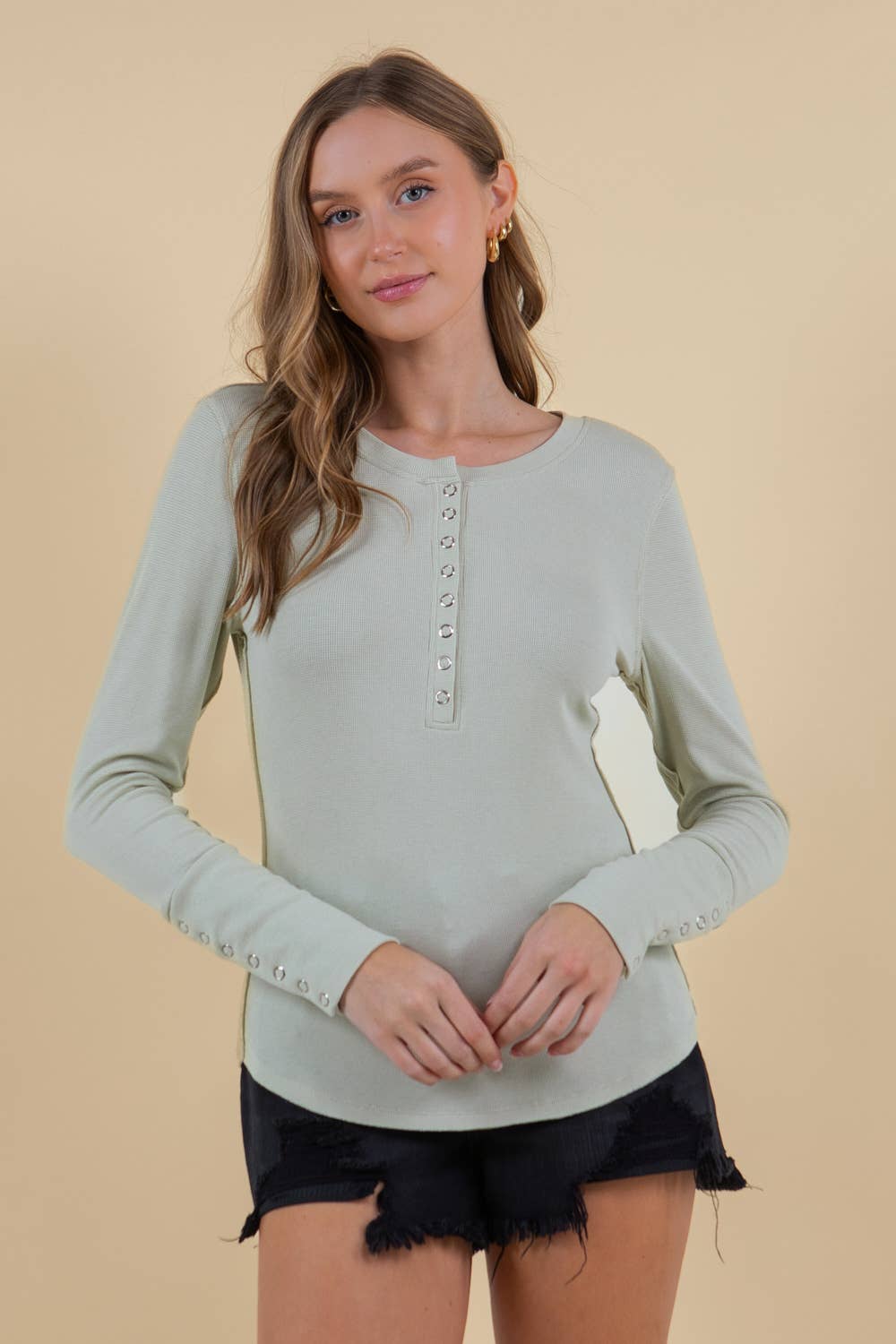 Soft Rib Exposed Seaming Long Sleeve Henley Top - PALE SAND