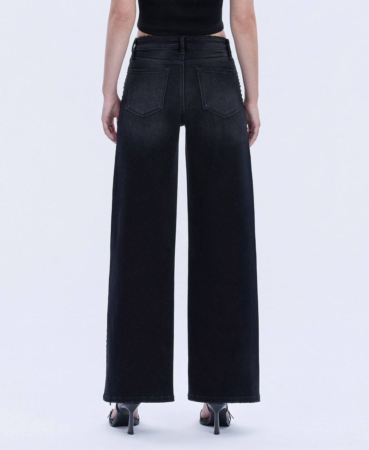 HIGH RISE SILVER DOME NAIL HEAD DETAIL WIDE JEANS V3712BK: Black / 25