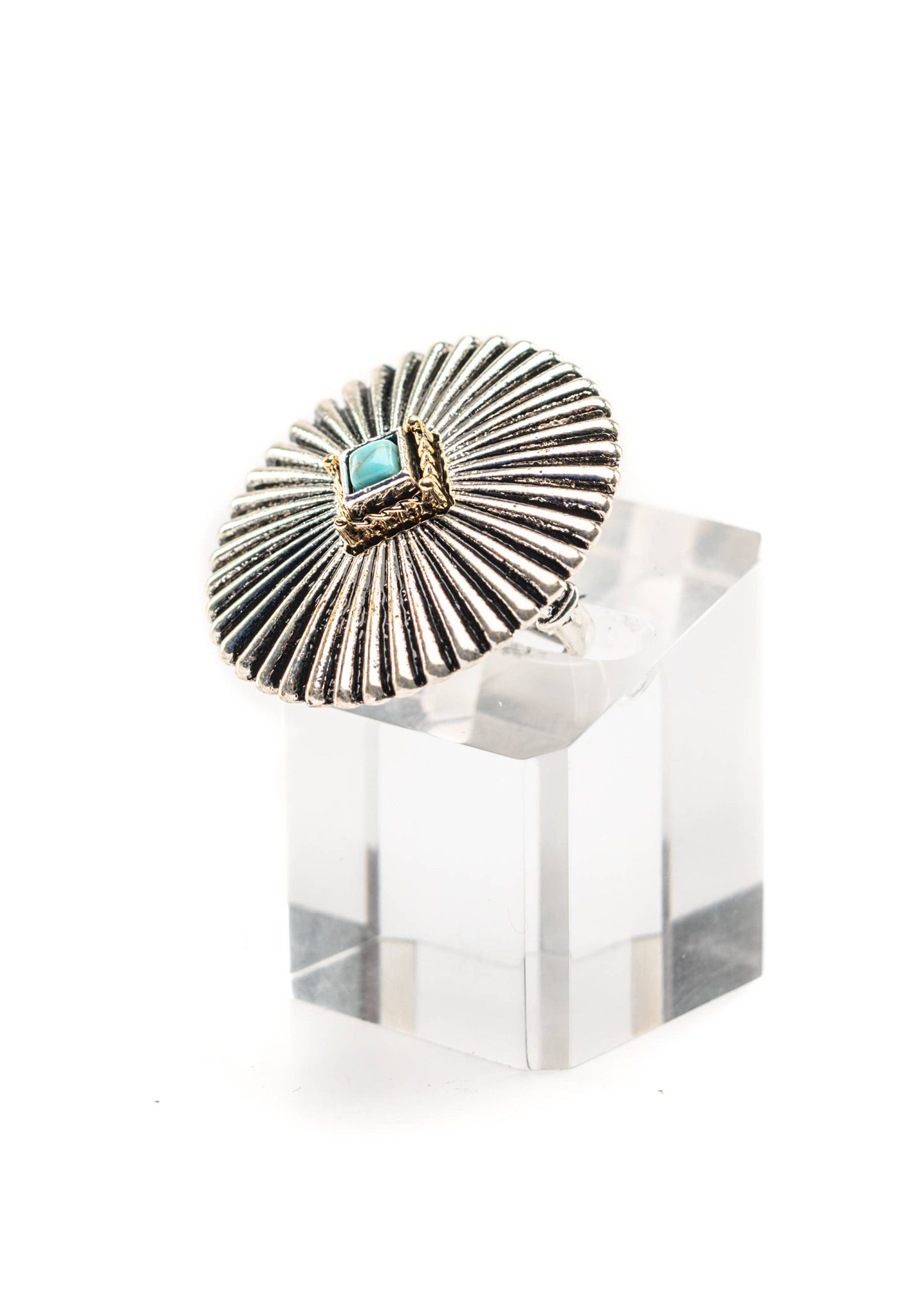 Adjustable 2 tone Burst Concho Ring with Turquoise Accent