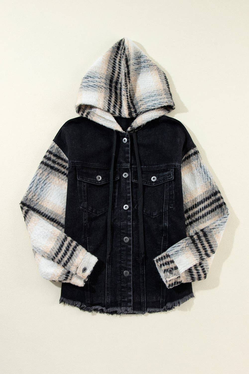 Denim Plaid Colorblock Hooded Jacket: Black