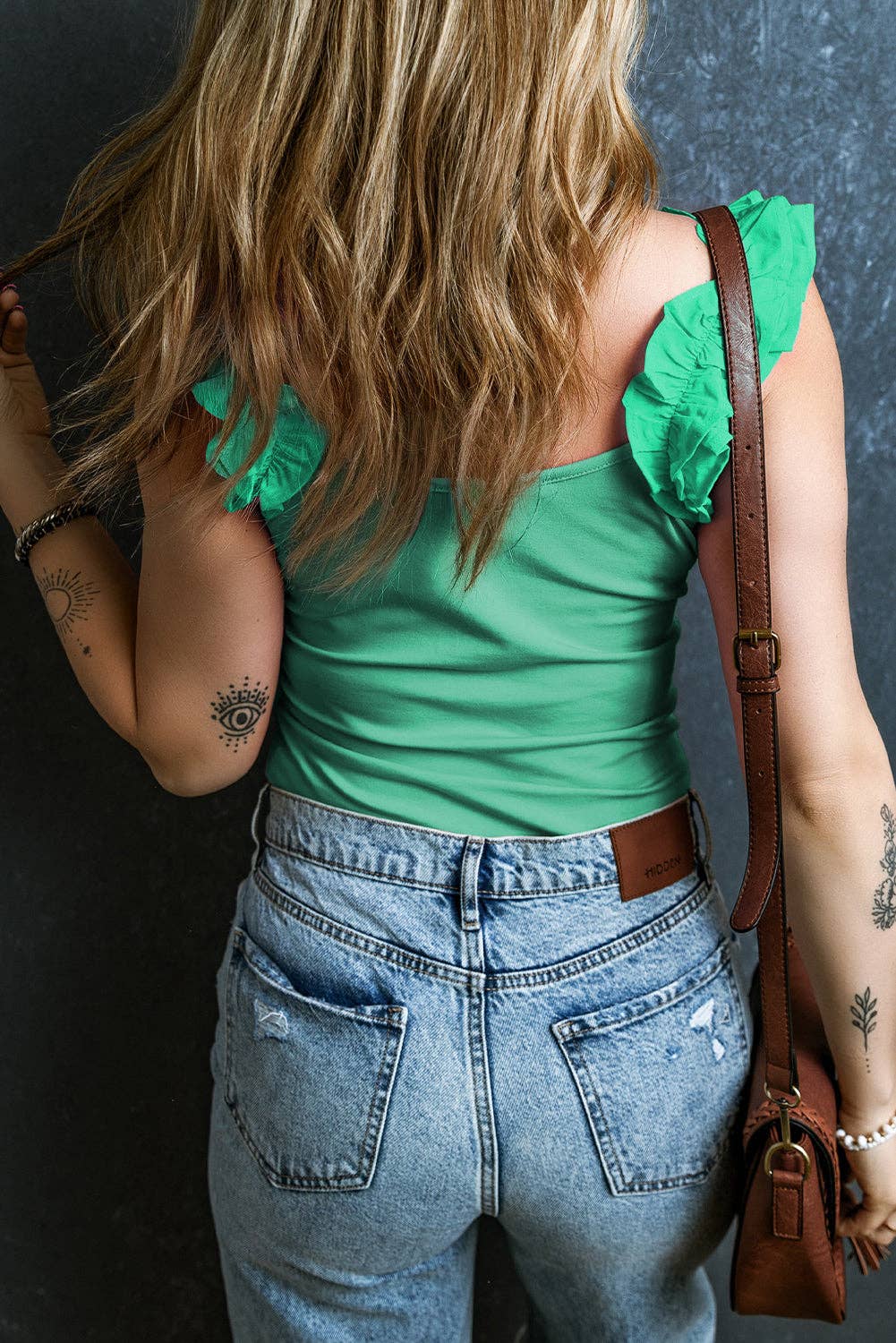 Solid Color Ruffled Wide Straps Slim Tank Top: Mint Green / 95%Cotton+5%Polyester / M