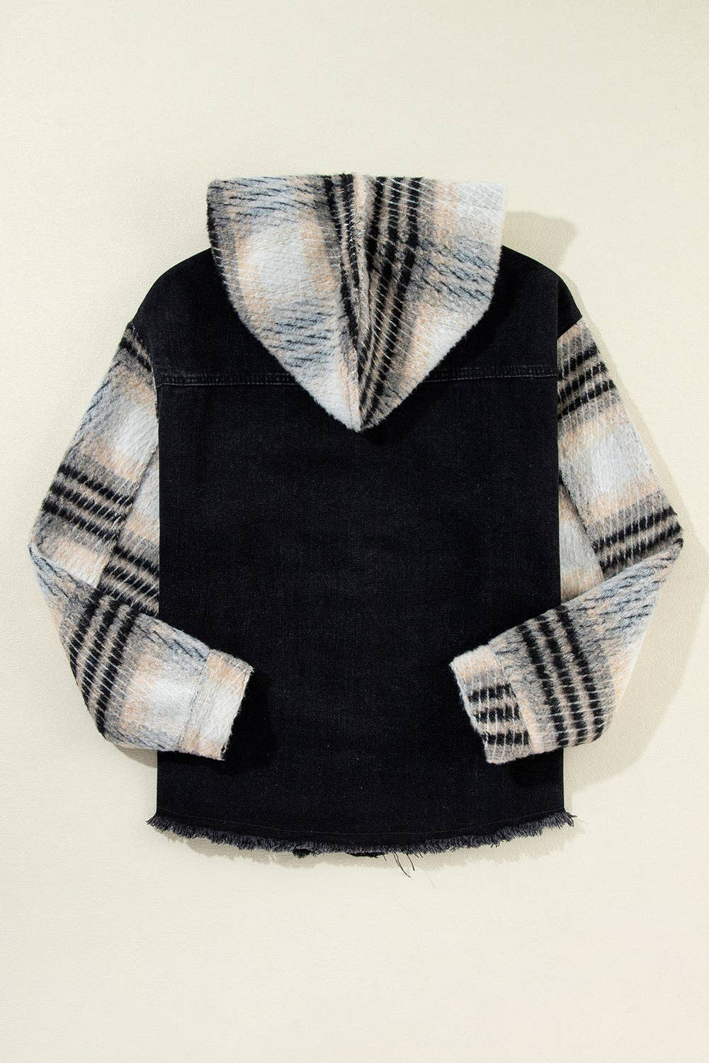 Denim Plaid Colorblock Hooded Jacket: Black