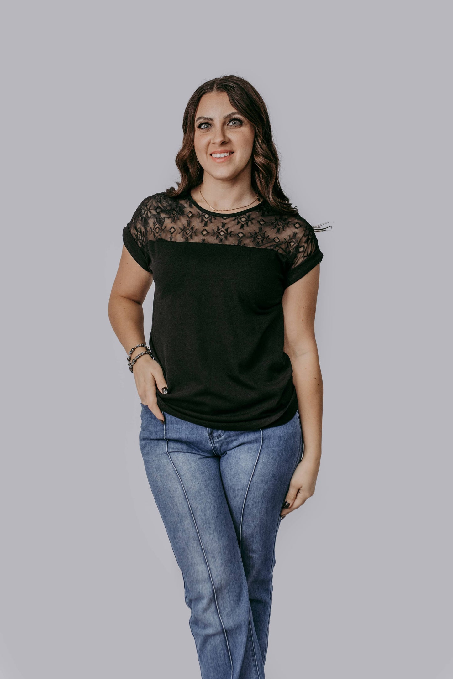 Aztec Lace Mix Blouse: Black
