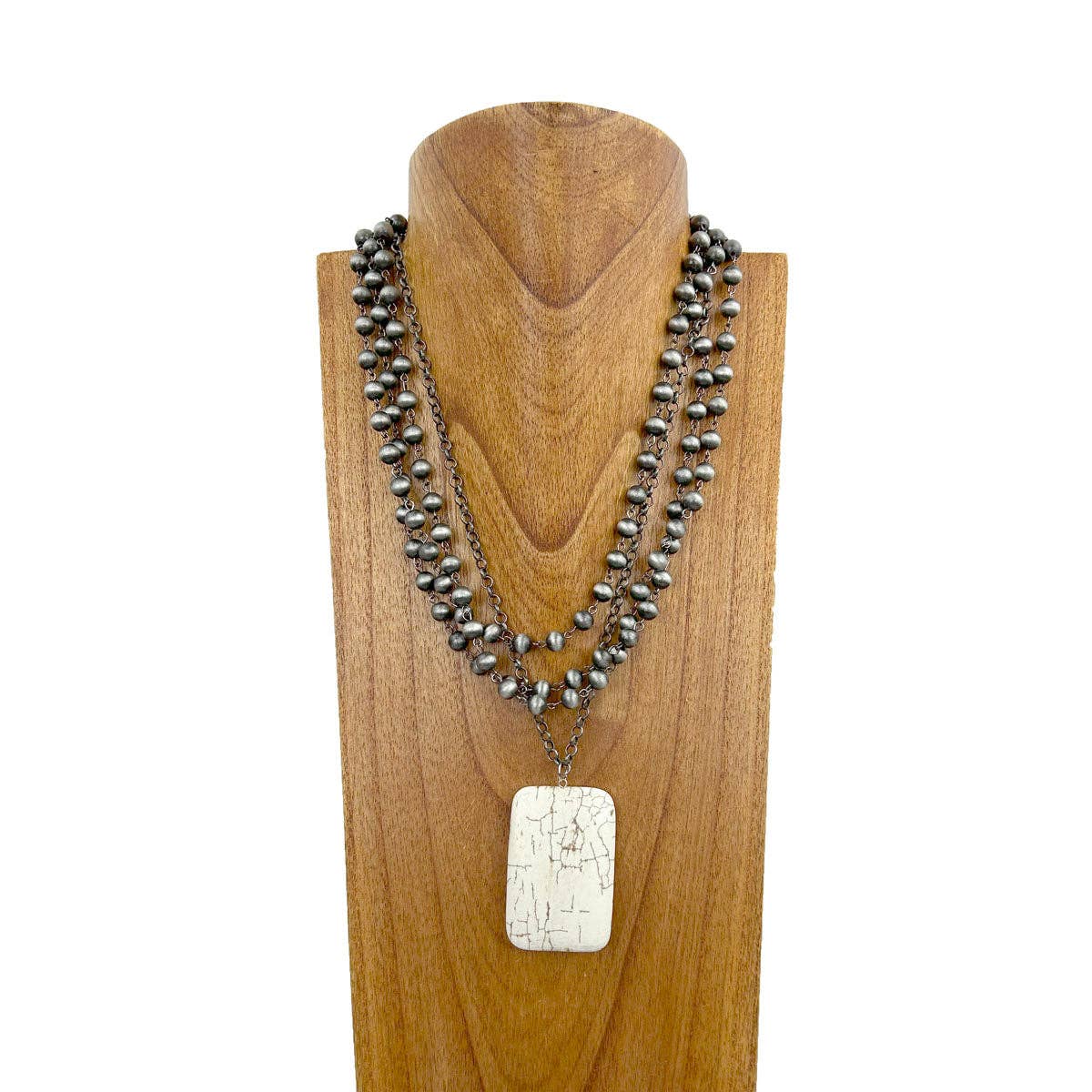 NKZ240217-01 21 Inches silver metal and Navajo pearl beads chain with large blue rectangle turquoise pendent necklace: BLUE