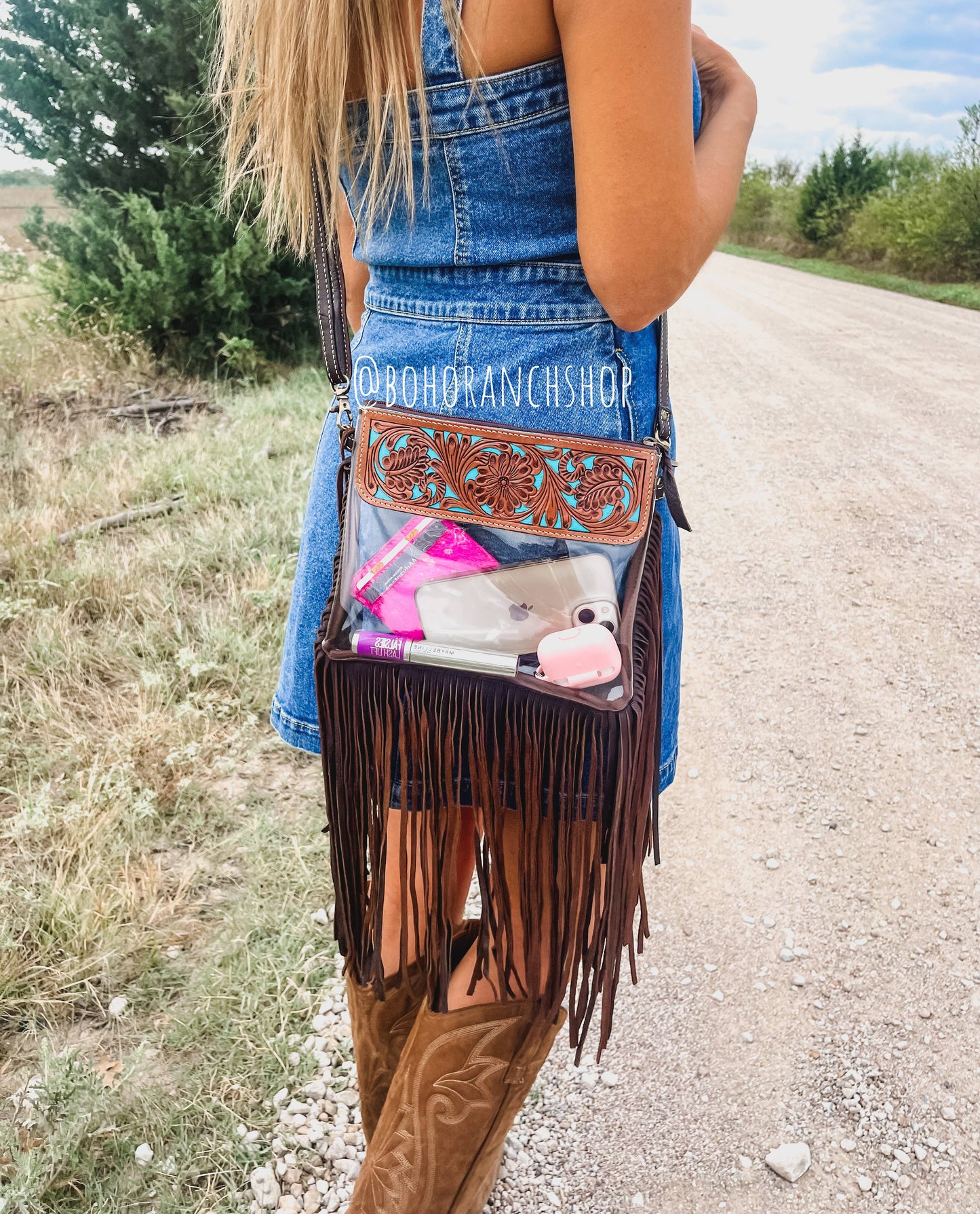 Hand Tooled Clear Purse Crossbody - Concert Game Day Stadium: WHITE/ BLACK