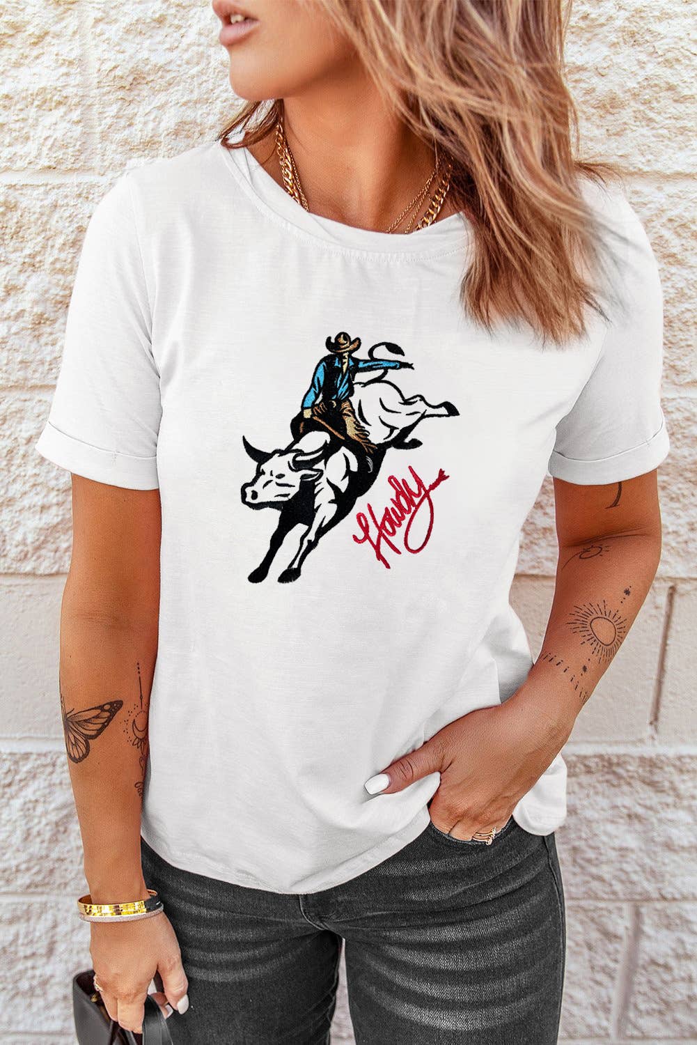 Cowboy Howdy Embroidered Western Fashion T Shirt: White / S