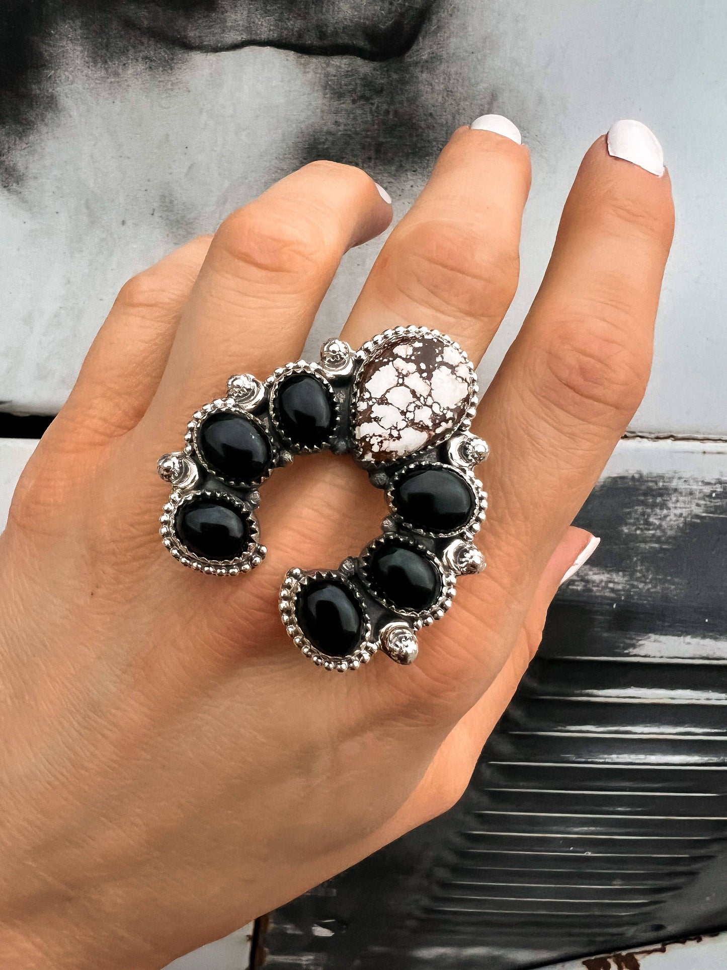 Squash Blossom Horseshoe Sterling Silver Ring | Multiple Stone Options!: Adjustable / Turquoise