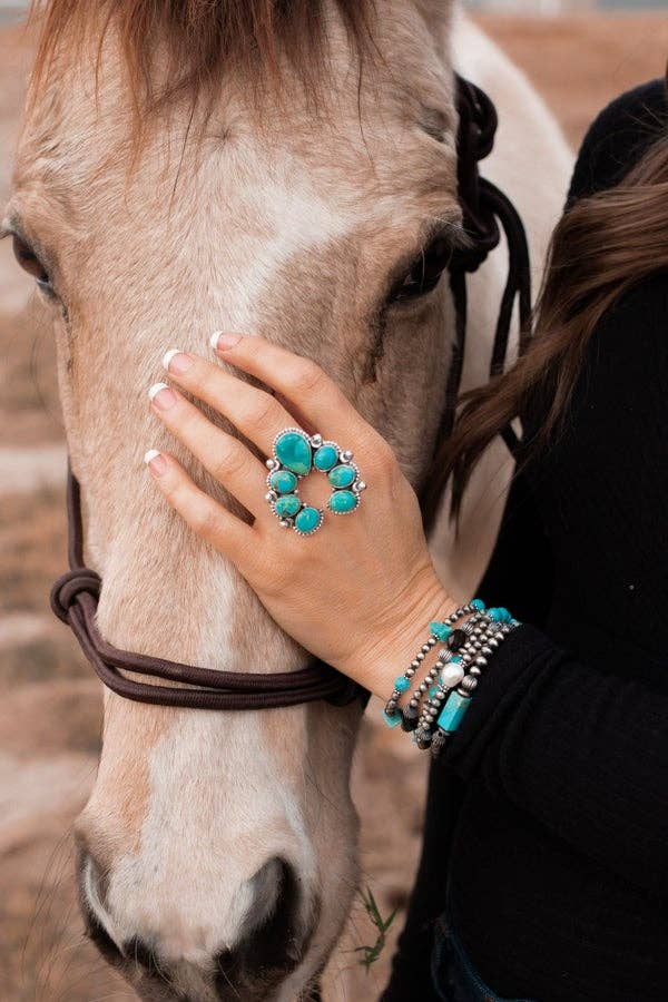 Squash Blossom Horseshoe Sterling Silver Ring | Multiple Stone Options!: Adjustable / Turquoise