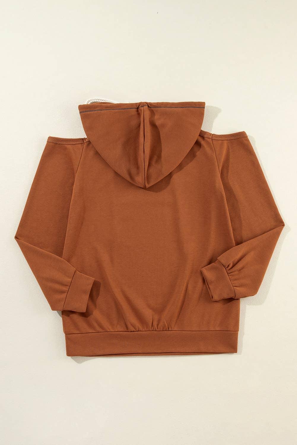Exposed Seam Cold Shoulder Drawstring Hoodie: Brown / XL