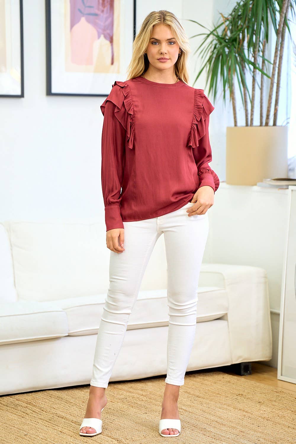 Double Ruffled Blouse - 41622T: Dusty Red / M