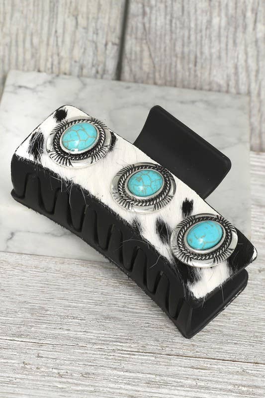WESTERN CONCHO FAUX COWHIDE CLAW HAIR CLIP H14177: Tqblk
