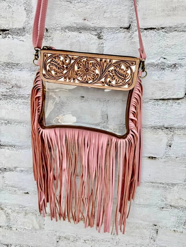 Hand Tooled Clear Purse Crossbody - Concert Game Day Stadium: BROWN/ PINK