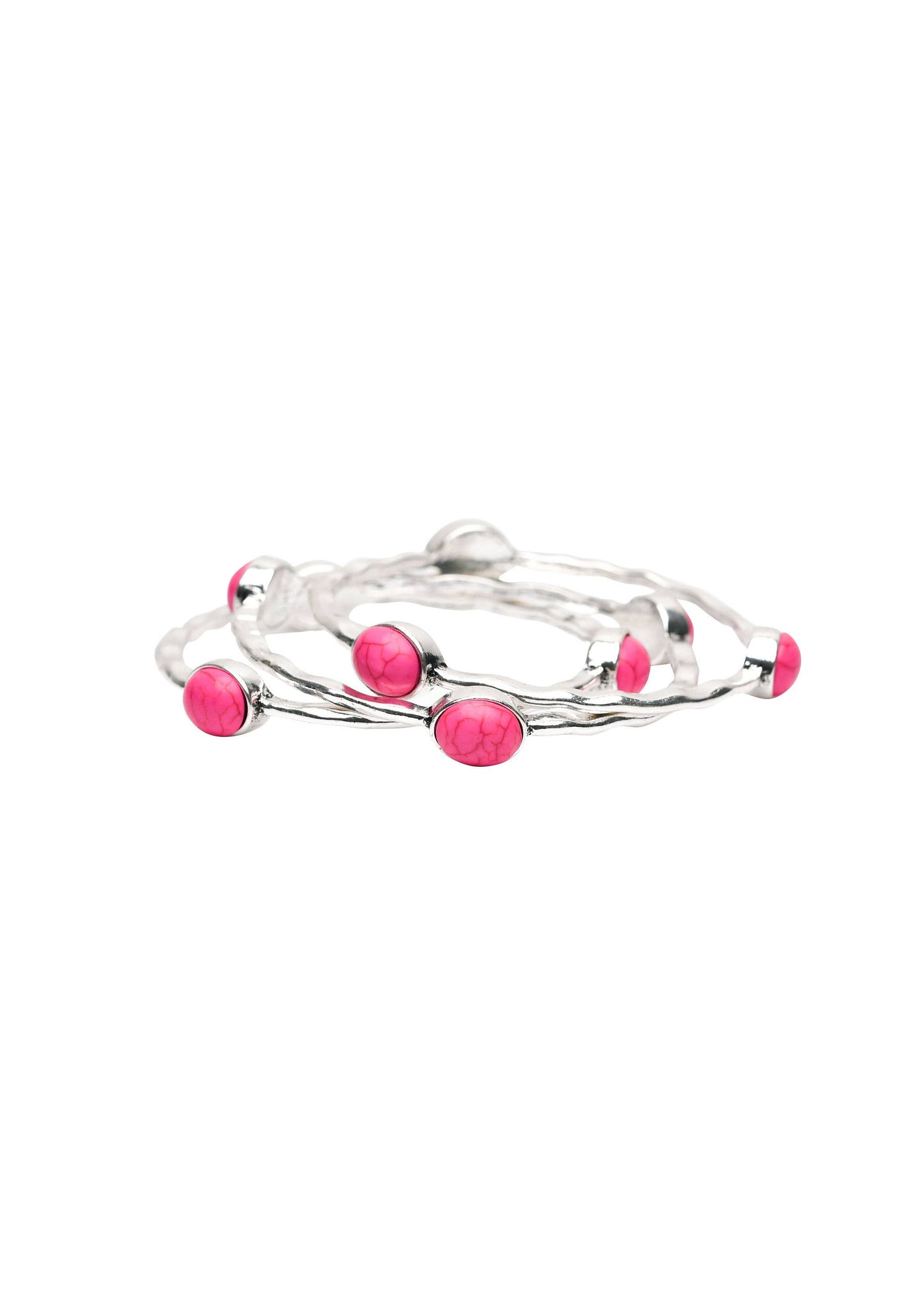 Set of 3 Burnished Silver Bangles with Pink Oval stones