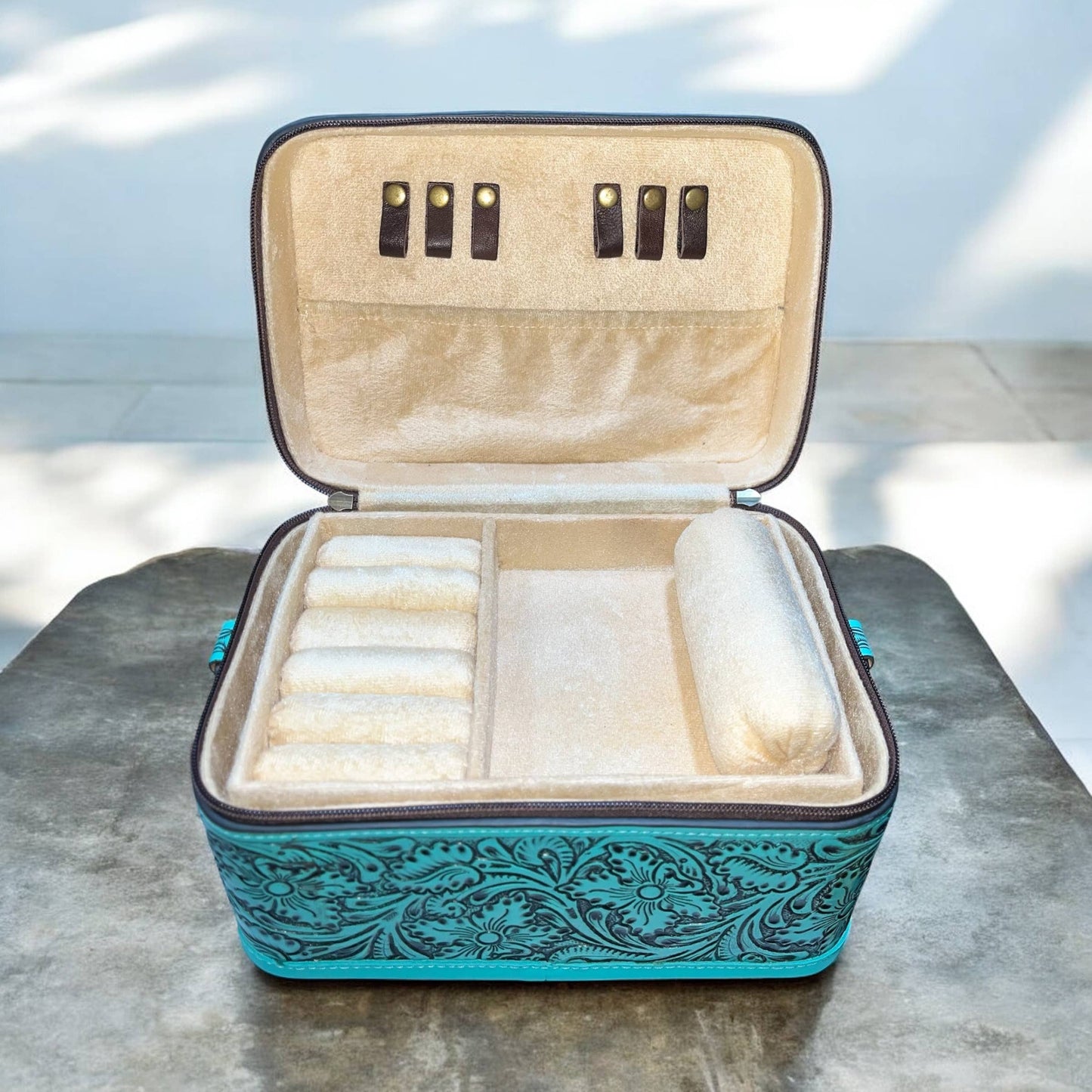 Brown tooled & cowhide jewelry box