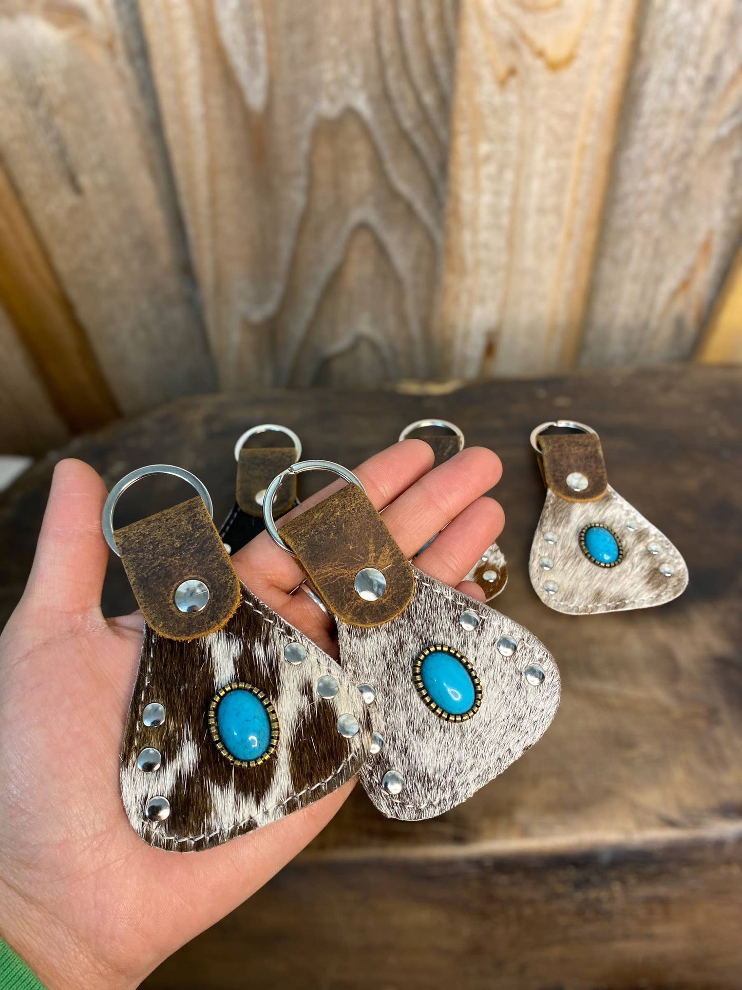 Stone Cowhide & Tooled Keychain