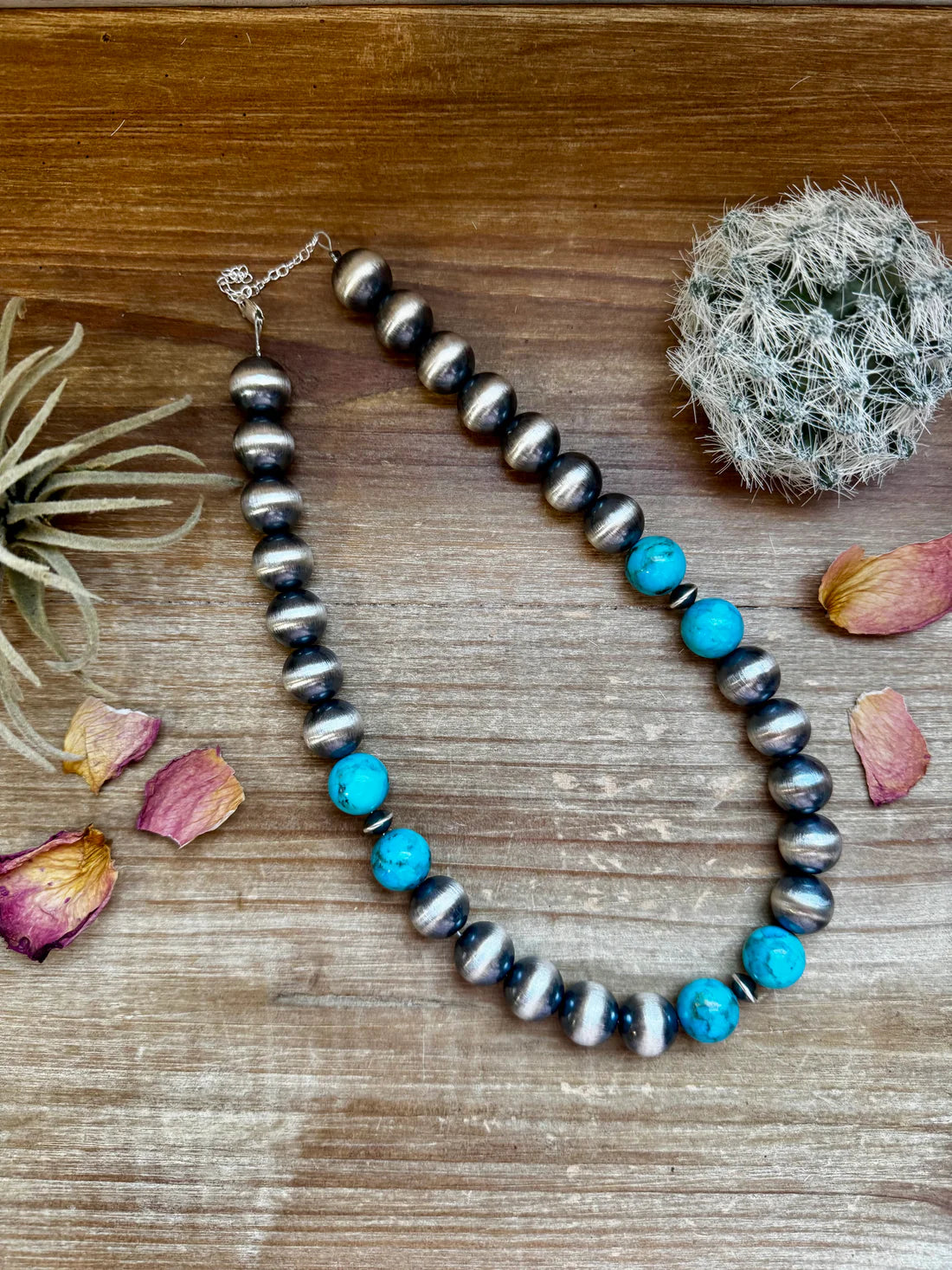 18 inch 14 mm sterling silver pearls necklace with turquoise