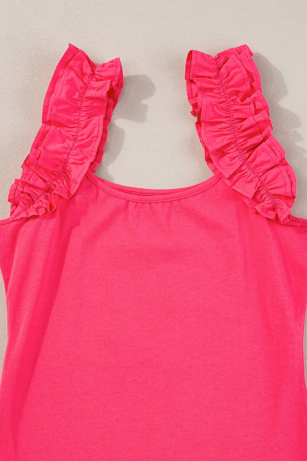 Solid Color Ruffled Wide Straps Slim Tank Top: Black / 95%Cotton+5%Polyester / XL
