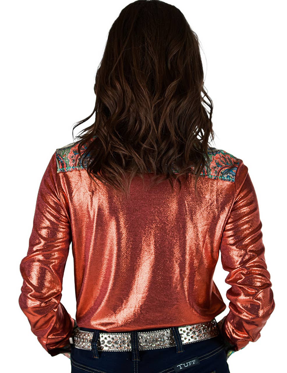 Pullover Button Up Rust Metallic Paisley Stretch Jersey: Rust / Extra Small