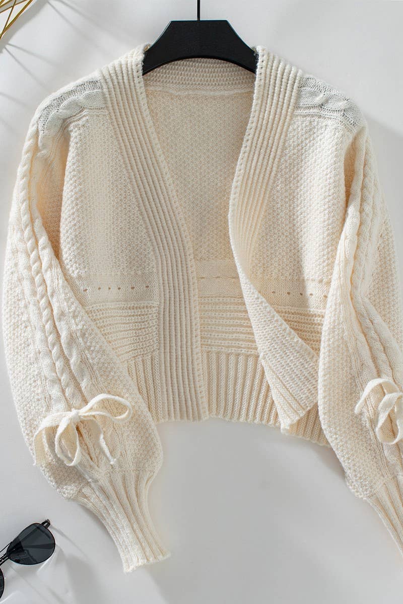 CWOCAL0850_LONG SLEEVE BOW TIE KNIT CARDIGAN SWEATER: KHAKI / (M) 1