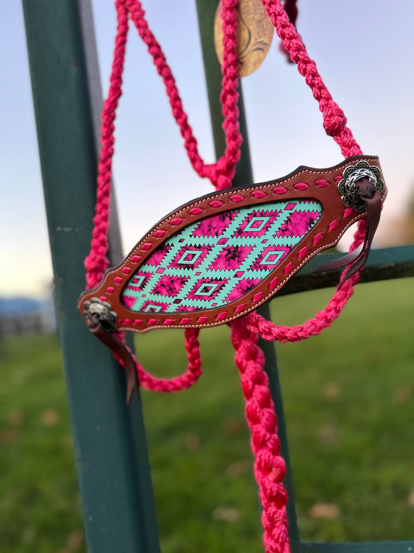 Braided Bronc Halter: Pink Aztec