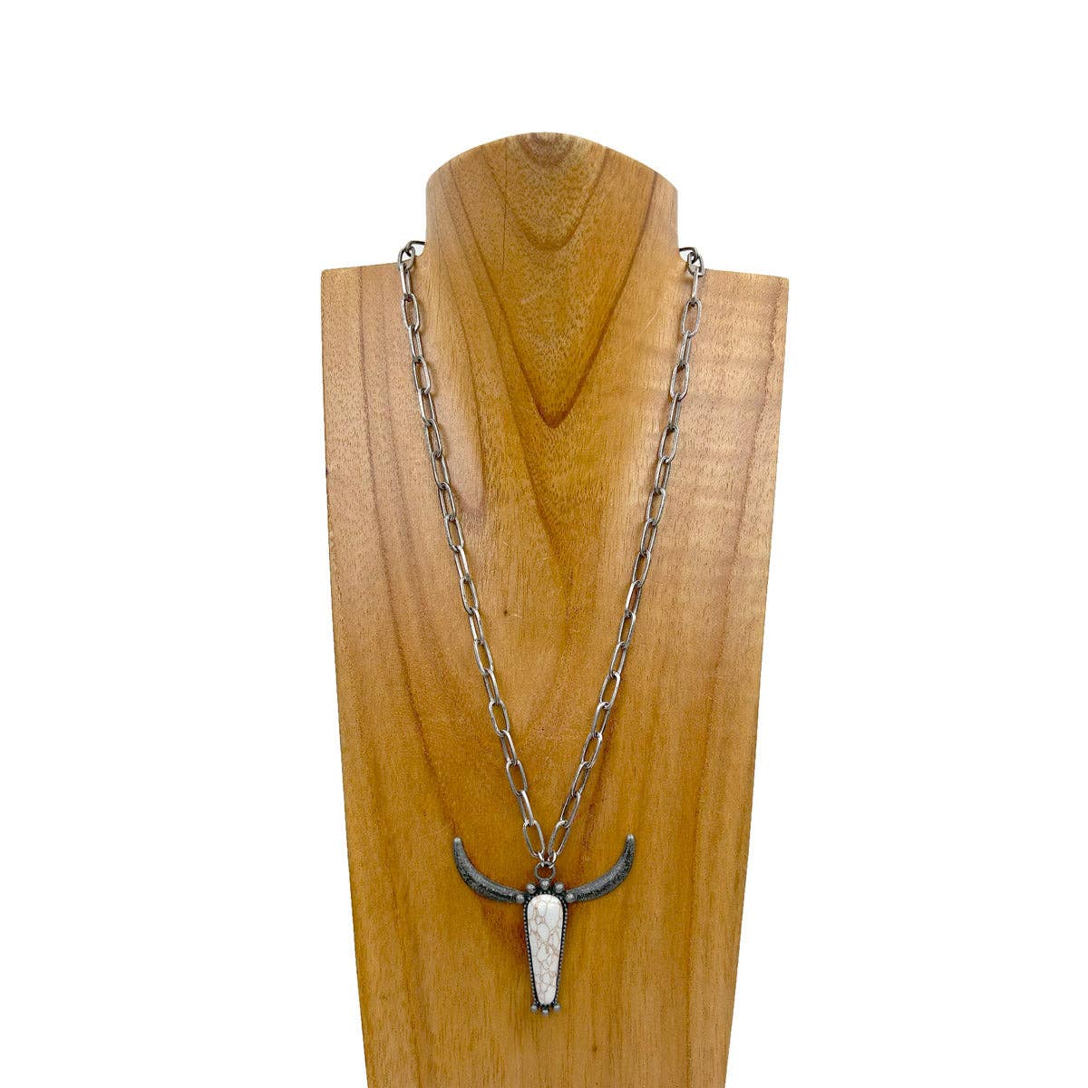 NKZ240414-04 20 inches silver metal chain with blue turquoise stone long horn Necklace: BLUE