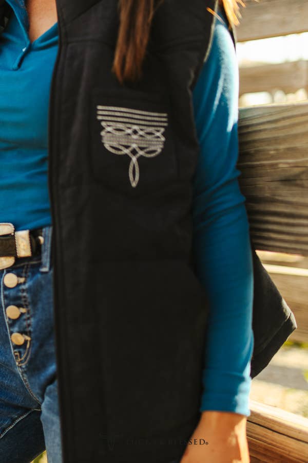 Black Puffer W Aztec Lining Boot Stitch Detail Vest: M