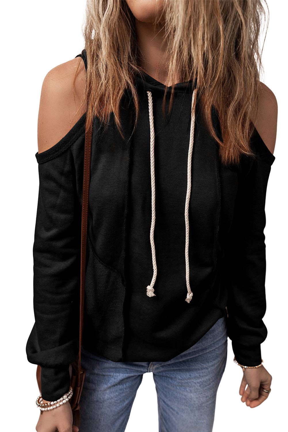 Solid Cold Shoulder Drawstring Hoodie: Cinnamon / M