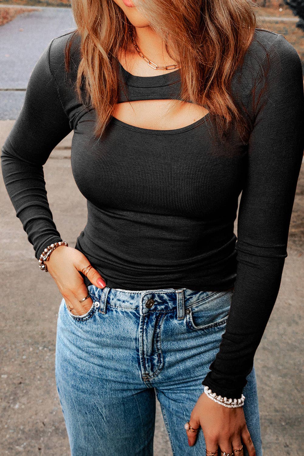 Ribbed Peekaboo Cutout Top: Brown