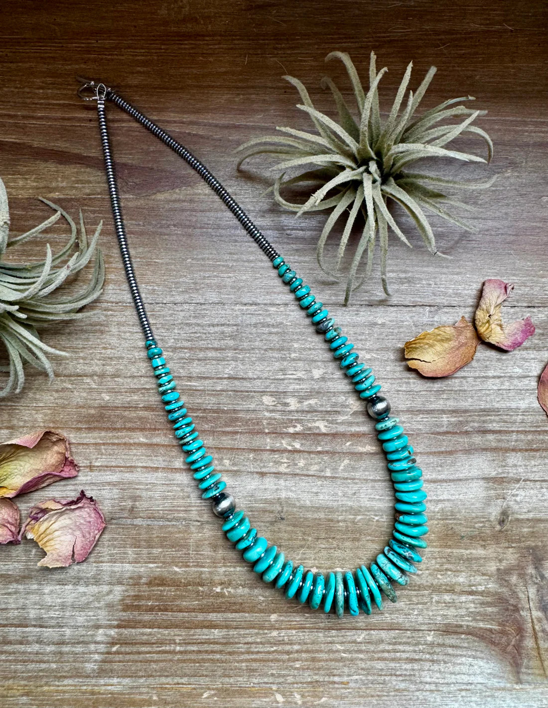 22 inch green/blue graduated necklace with sterling silver pearls