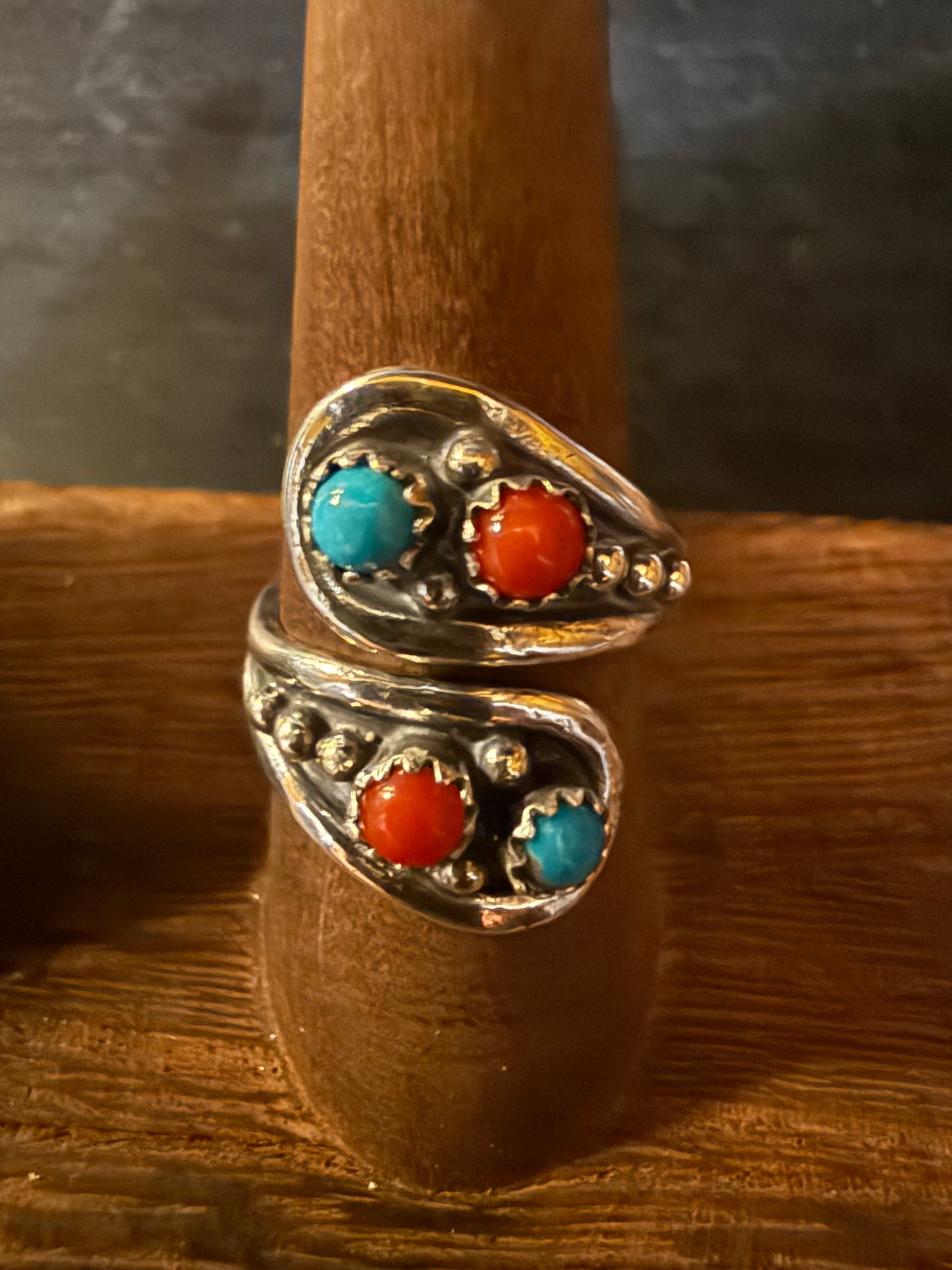 Navajo Handmade SS Turquoise/Coral Adj. Ring (Genevieve Francisco)