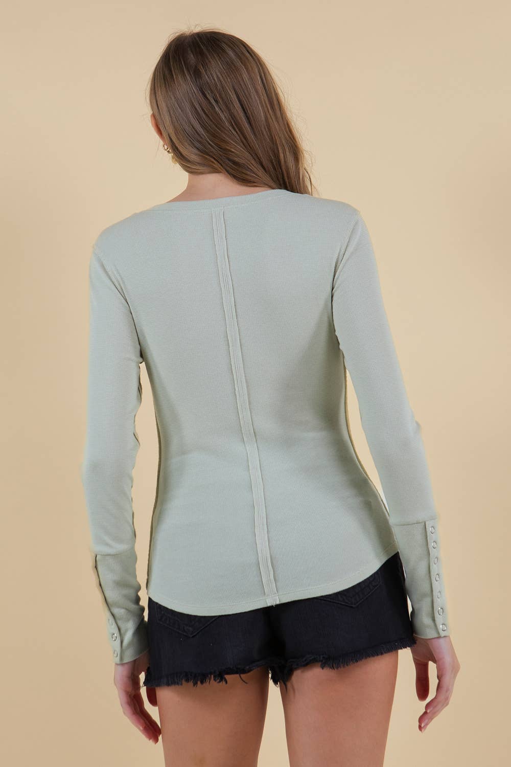 Soft Rib Exposed Seaming Long Sleeve Henley Top - PALE SAND