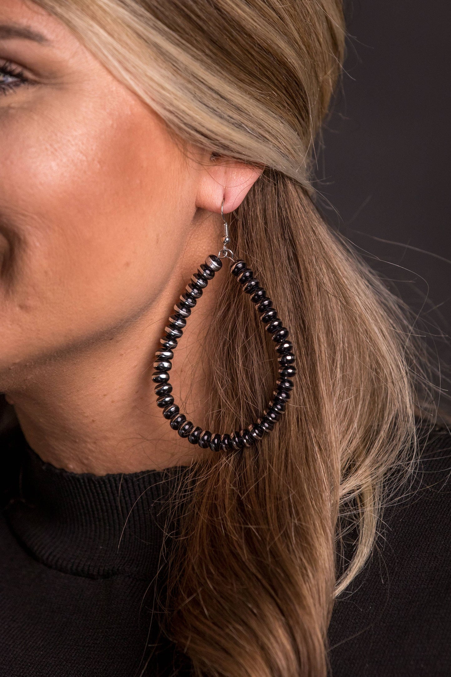 Burnished Silver & Black Rondell Bead Teardrop Earring