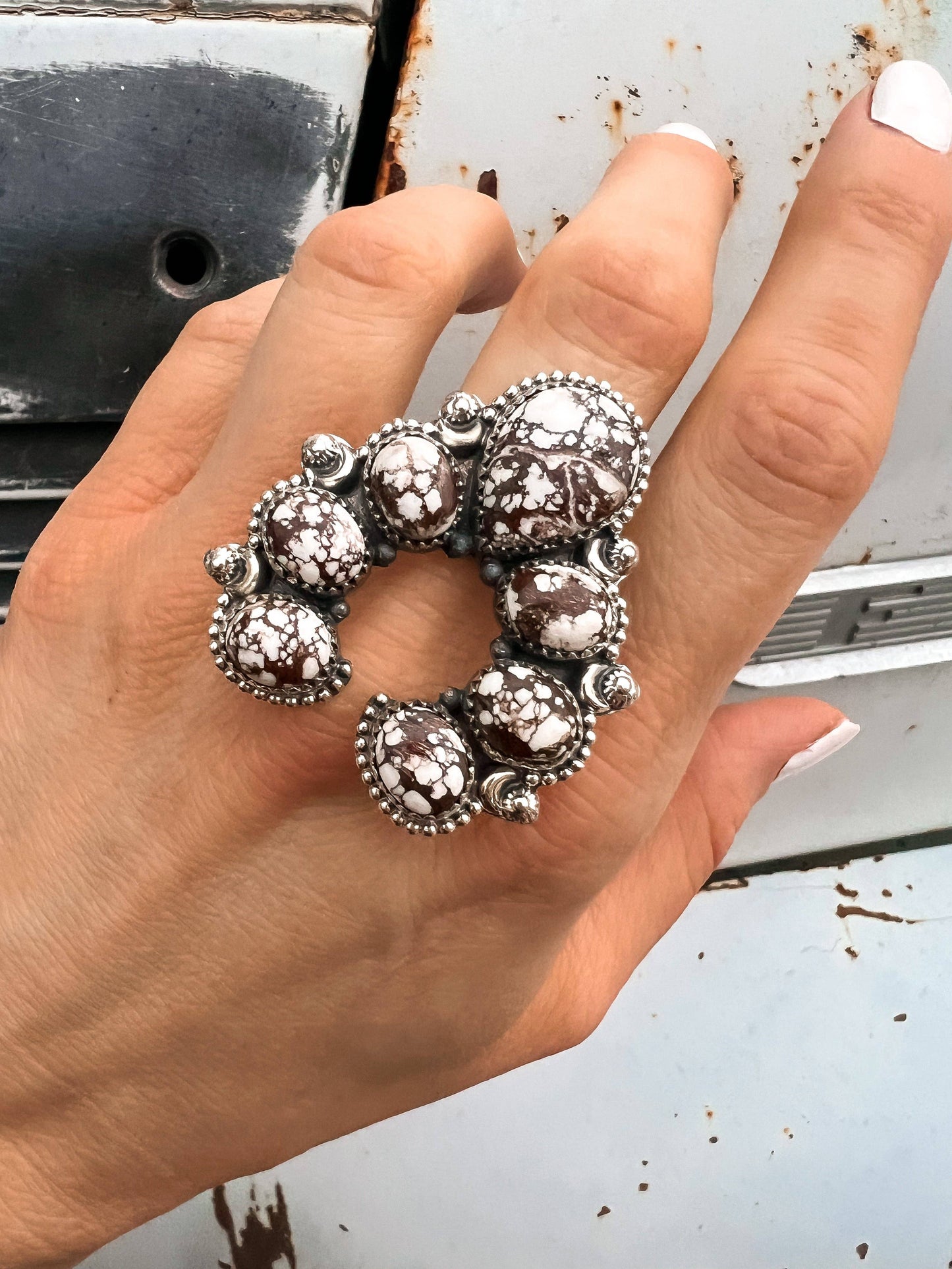 Squash Blossom Horseshoe Sterling Silver Ring | Multiple Stone Options!: Adjustable / Turquoise